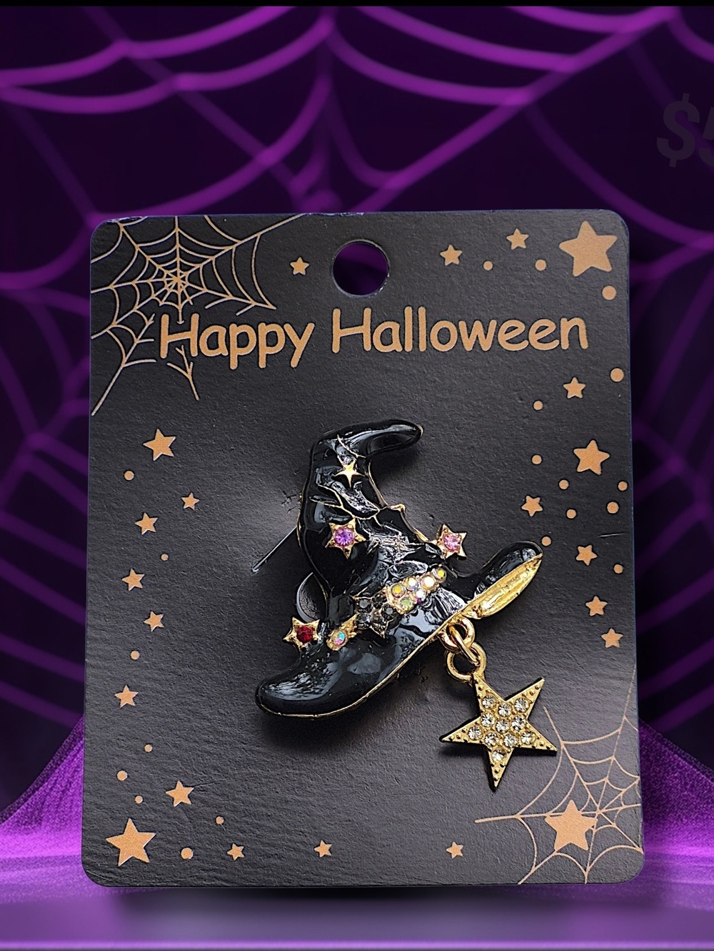 Black Witch's Hat Brooch Pin with Star Charm & Multicolored Crystals